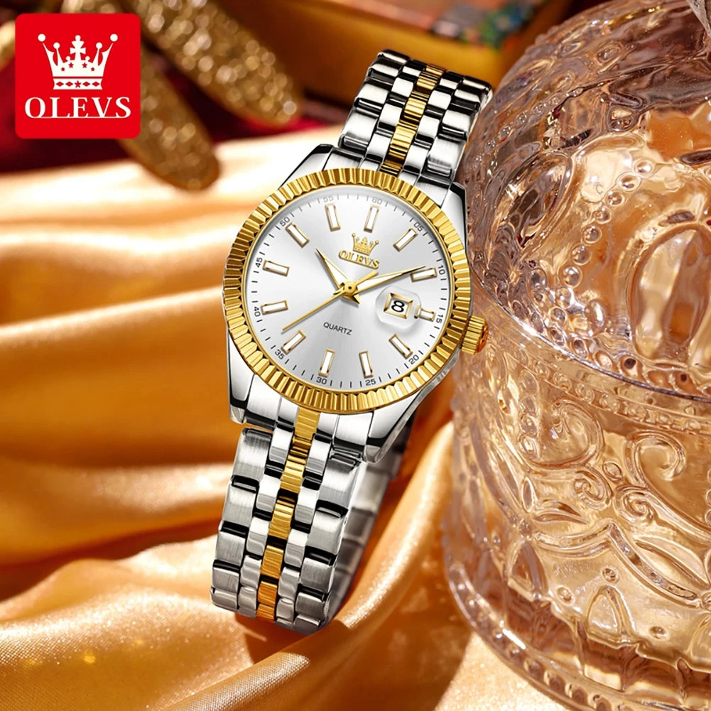 OLEVS 5593 Quarz Damenuhr Top Marke Original Uhr für Frauen Wasserdicht Leuchtend Luxus Kalender Edelstahl Zeigeruhr