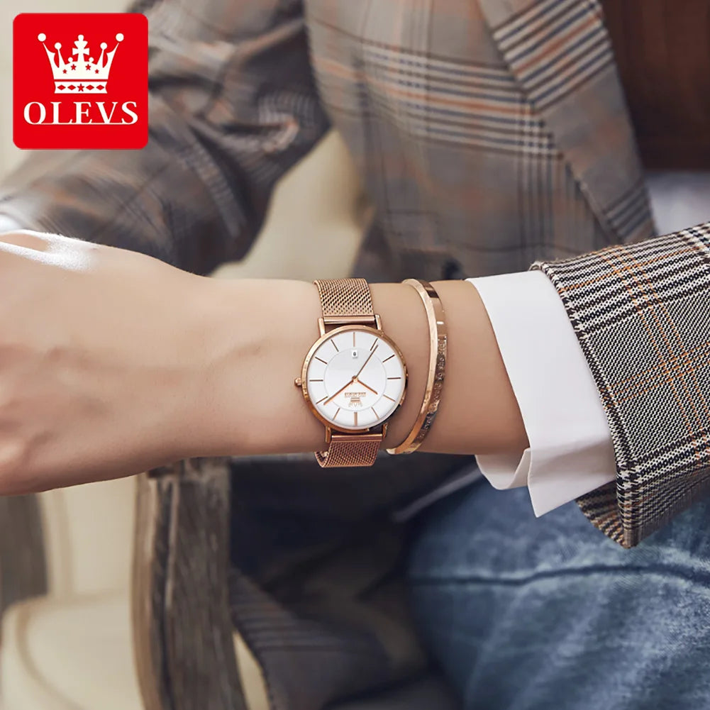 OLEVS Uhr für Damen Japanisches Quarzwerk 6,5 mm Gehäusedicke Wasserdicht Damen Handuhr Kalender Mode-Kleid-Armbanduhr