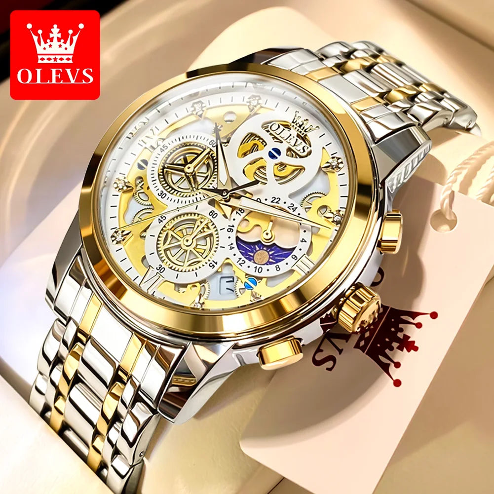 OLEVS 9947 Original Klassische Skelett Quarzuhren für Herren Marke Wasserdichte Edelstahl Kalender Herren Armbanduhr