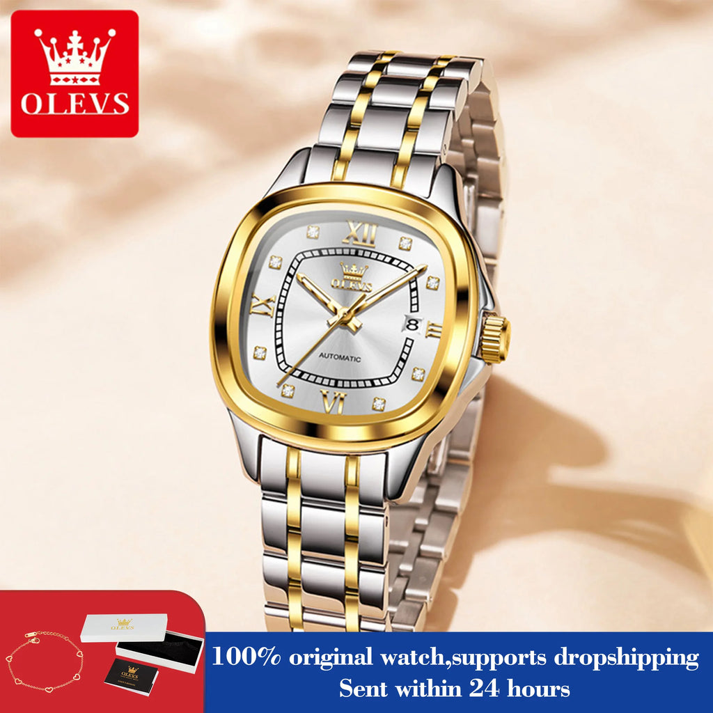 OLEVS 9810 Damen Armbanduhr Top Marke Business Datum Mechanische Uhr für Frauen Diamant Skala Luxus Original Wasserdicht Handuhr