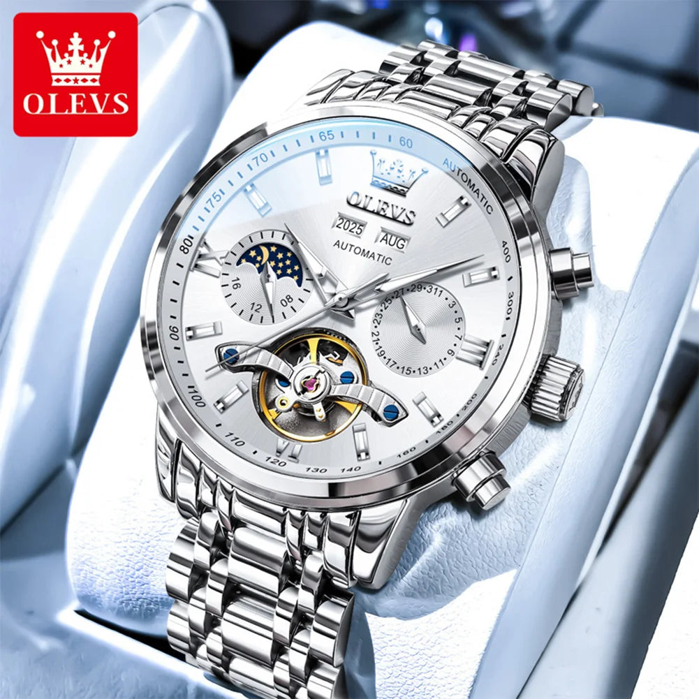 OLEVS Original Mondphasen-Uhren für Herren Schwungrad Automatische Mechanische Armbanduhr Wasserdicht Leuchtende Herrenuhren Geschenke 6740