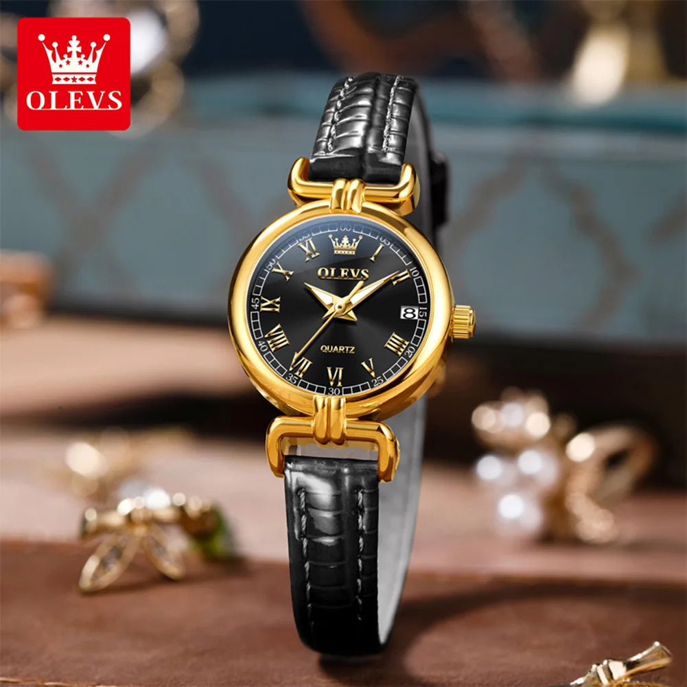 OLEVS 5645 Damenuhr Lederarmband Datum Quarzuhr für Damen Hochfeste Spiegelskala im römischen Stil Mode Damenuhr