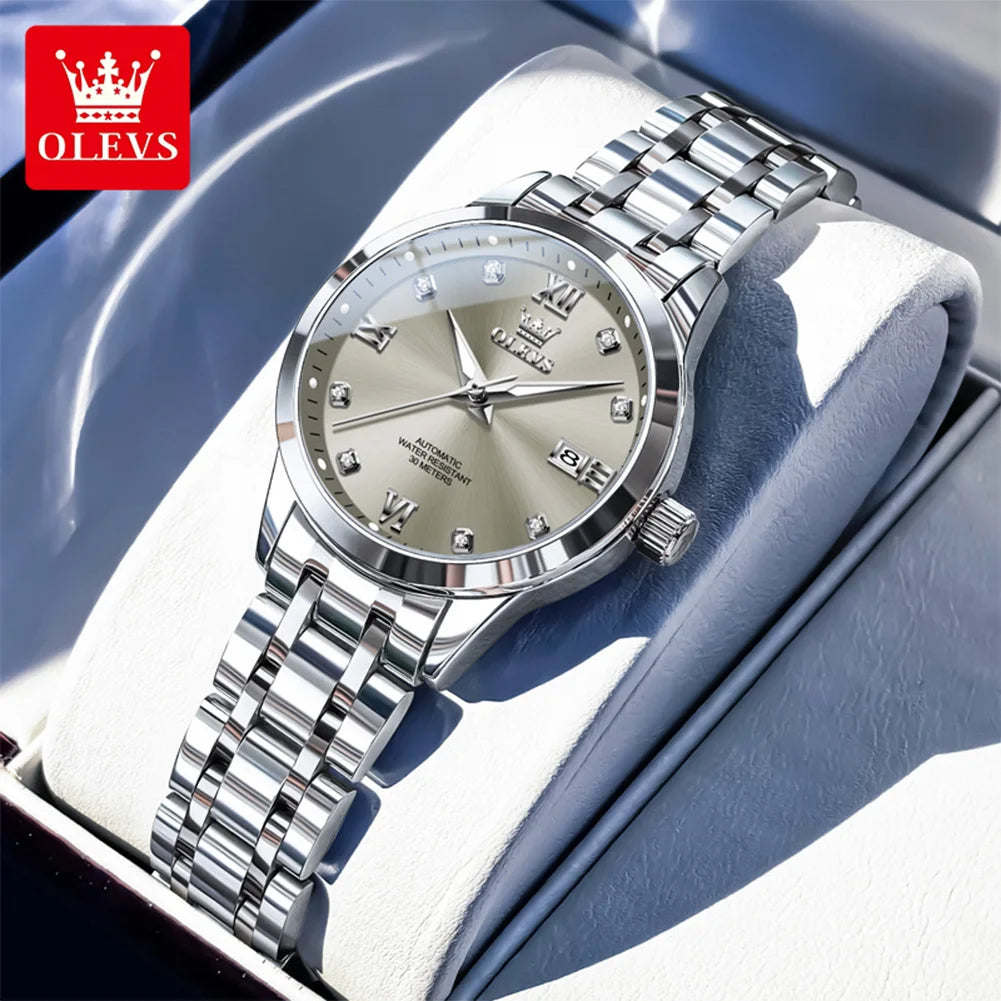 OLEVS Uhren Damen Automatikuhr Mechanische Uhr Mode Original Diamant Skala Damenuhr Kalender Luxus Kleid Handuhr 9946