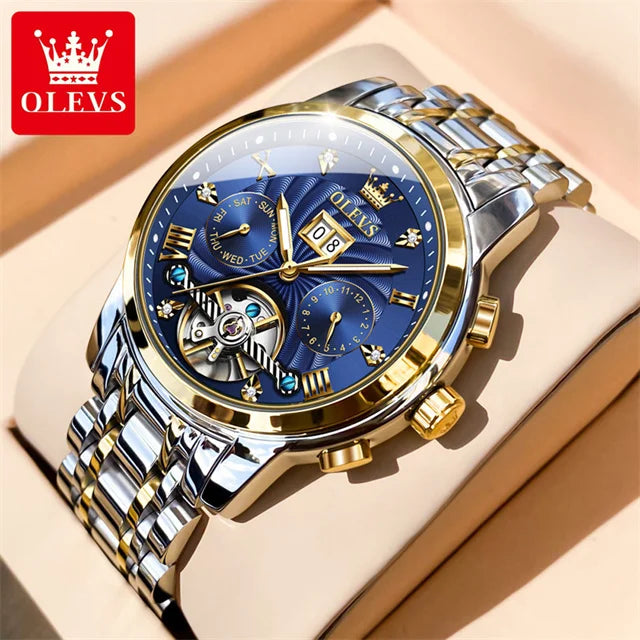 OLEVS 9910 Automatikuhr für Herren, mechanische Herrenarmbanduhr, luxuriöse Skelettuhr aus Edelstahl, wasserdicht, Original Herrenuhr
