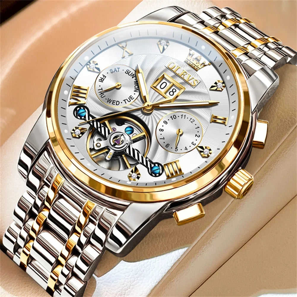OLEVS 9910 Automatikuhr für Herren, mechanische Herrenarmbanduhr, luxuriöse Skelettuhr aus Edelstahl, wasserdicht, Original Herrenuhr