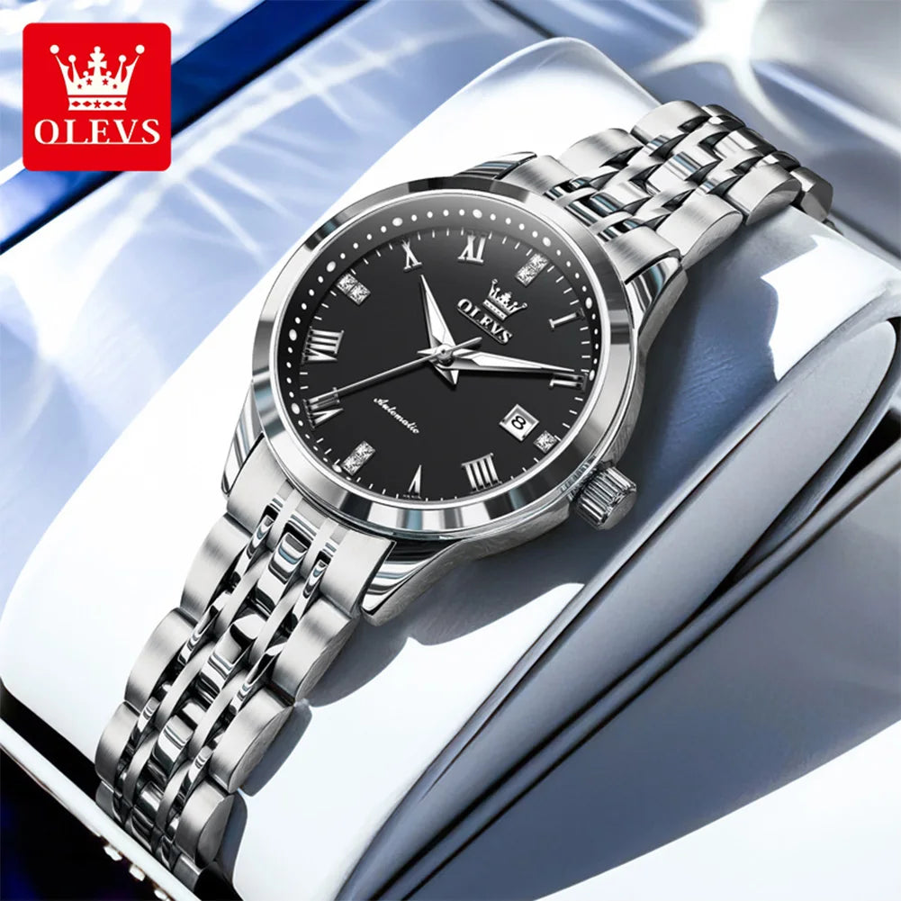 OLEVS 7062 Damenuhr Luxuriöse leuchtende wasserdichte Edelstahluhr mit automatischem Datum Mechanische Uhr für Damen mit römischen Ziffern