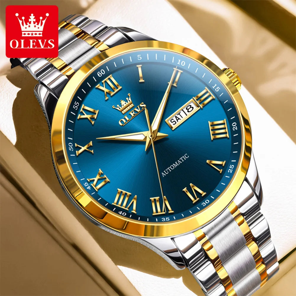 OLEVS 7075 Uhren für Herren Luxus Original Mechanische Uhr für Herren Wochenkalender Wasserdicht Automatische Armbanduhr Edelstahlarmband