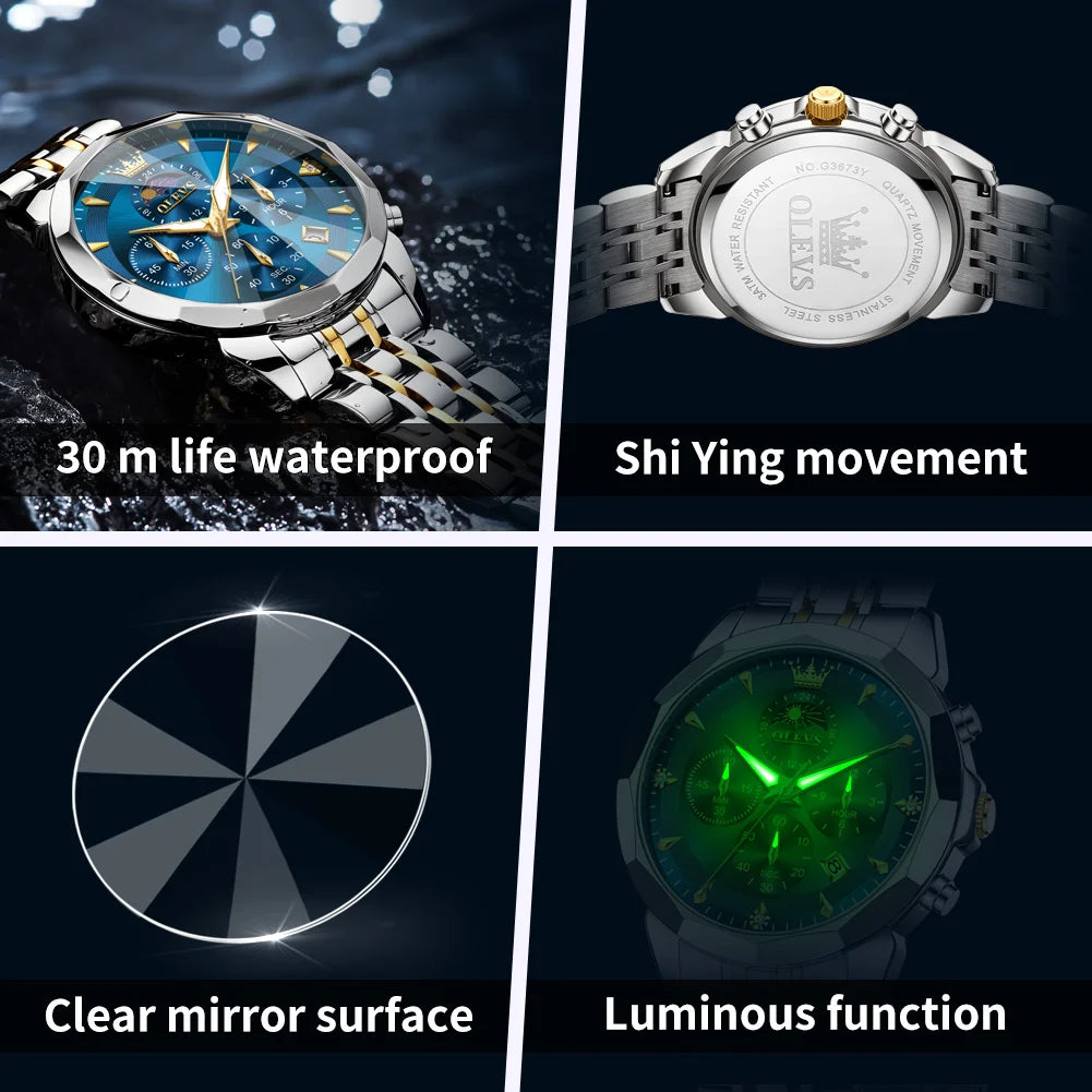 OLEVS 3673 Herrenuhr Mode Chronograph Quarzuhr für Herren 43mm großes Zifferblatt Mondphase Kalender Wasserdicht Original Armbanduhr