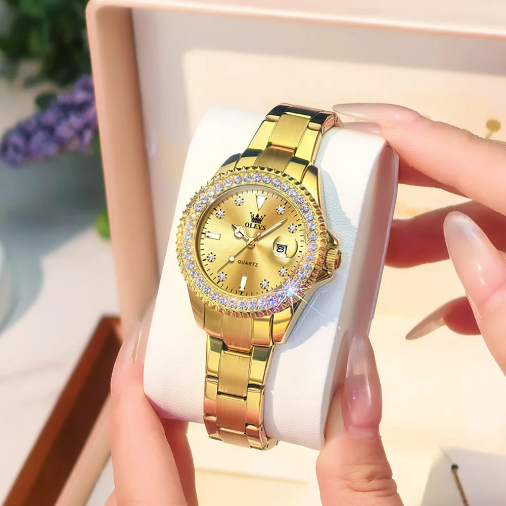 OLEVS 9945 Armbanduhr für Damen, klassisch, modisch, Datum, wasserdicht, Quarz, Damen-Kleideruhr, Luxus-Diamantskala, Originaluhren