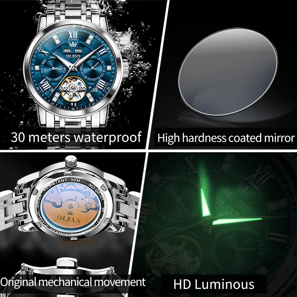 OLEVS 6701 Herrenuhren Top Marke Original Automatische Datumsanzeige Mechanische Uhr für Herren Hohl Wasserdicht Edelstahl Männliche Armbanduhr