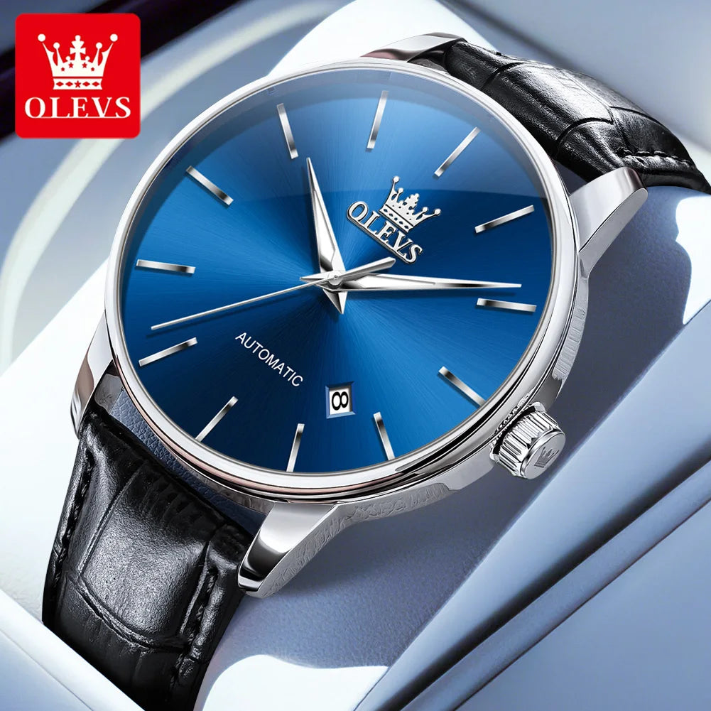 OLEVS 6725 Herren Automatikuhr Klassische Einfache Mechanische Uhr Für Männer Automatisches Datum Original Wasserdichtes Leder Herrenarmbanduhr