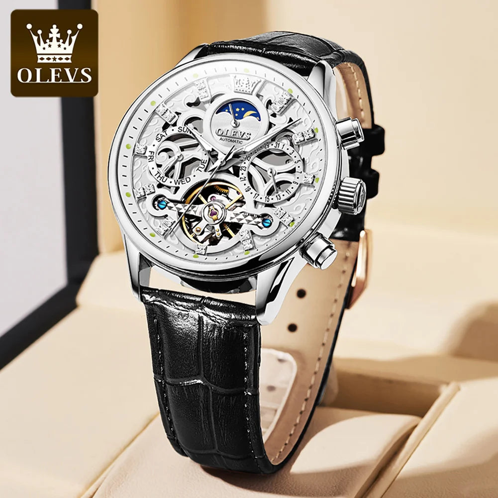 OLEVS 6658 Luxus Skelett-Schwungrad Automatische Mechanische Uhr Moonswatch Wasserdichte Armbanduhr Für Herren Geschenkbox Handuhr