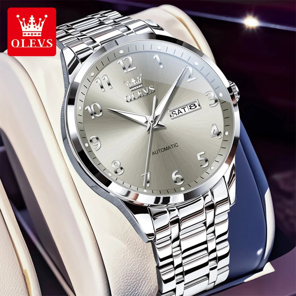 OLEVS 7078 Herren Automatikuhr Top-Marke Doppelte Kalender Mechanische Uhr Für Männer Ziffernblatt Business Armbanduhr Stahlarmband