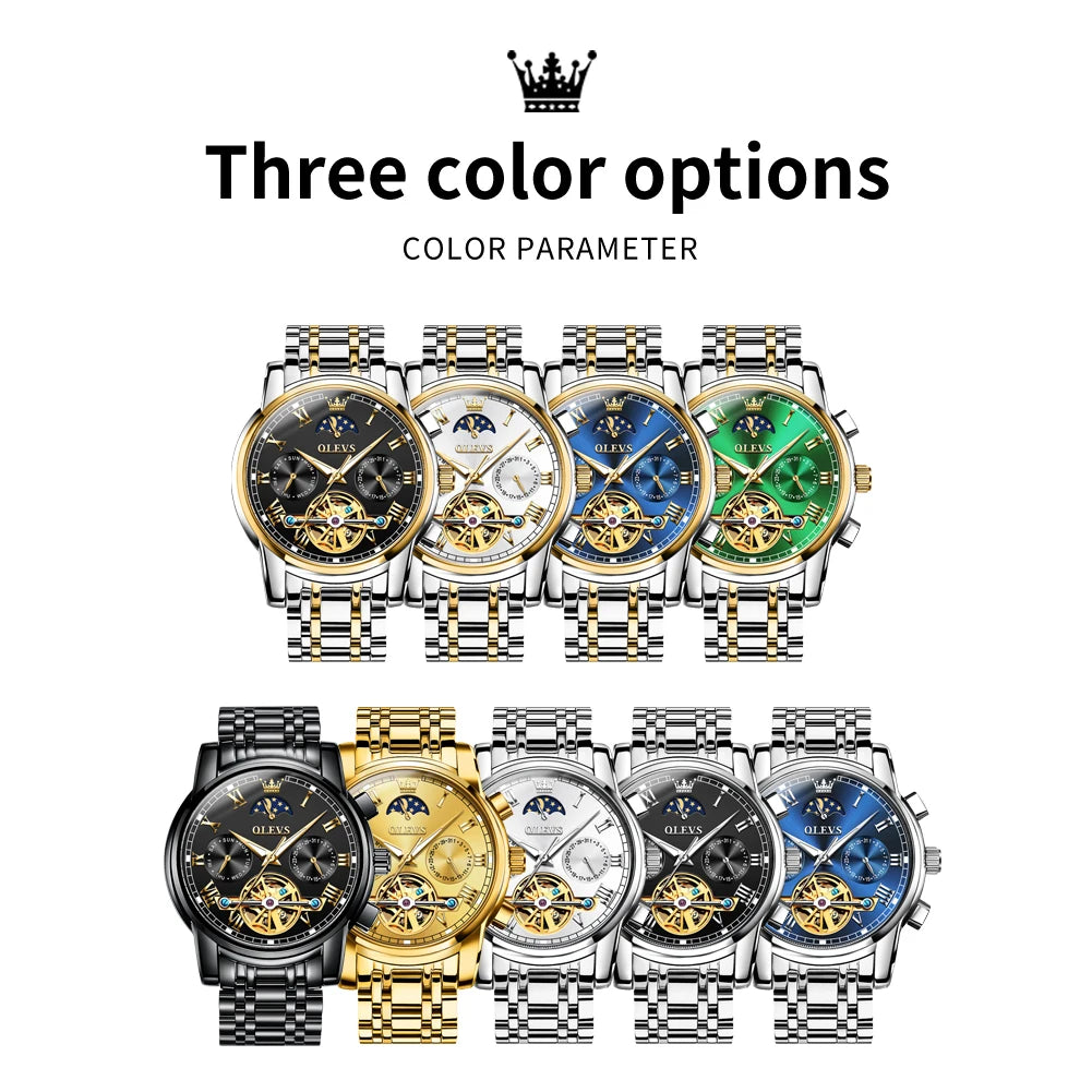 OLEVS Herrenuhren Mondphase Luxus-Edelstahl-Schwungrad Mechanische Handuhr Datum Wasserdicht Leuchtende Herrenuhr 6617