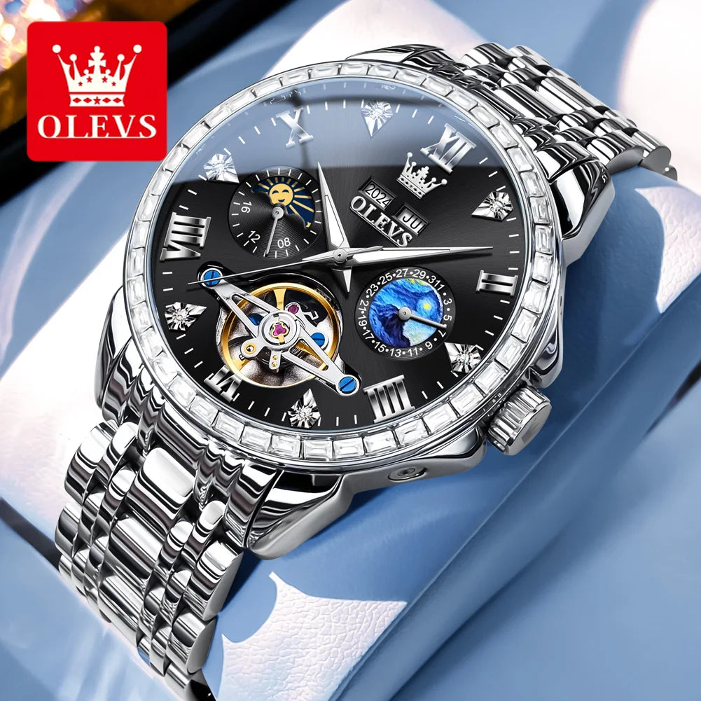 OLEVS Luxus Diamant Skelett Tourbillon Automatik Mechanische Uhr Herren Sternenhimmel Zifferblatt Mondphase Edelstahl Herrenuhr