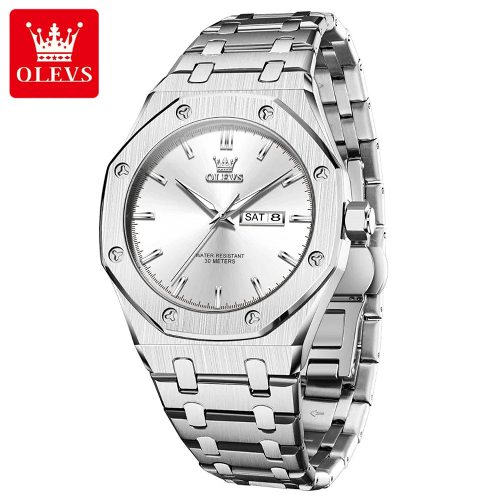 OLEVS 3726 Herrenuhr Chronograph Datum Wochentag Quarzuhren für Herren Edelstahl Luxus-Armbanduhr Wasserdicht Leuchtend Reloj