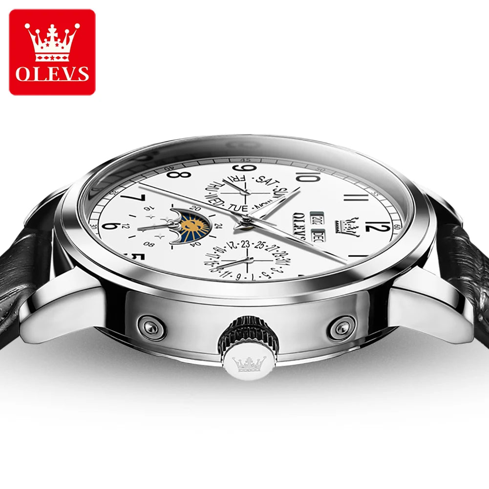 OLEVS 6698 Herren Automatikuhr mit Zifferblatt, Mondphase, mechanisch, für Herren, 42 mm großes Zifferblatt, wasserdicht, Leder, Herrenuhr