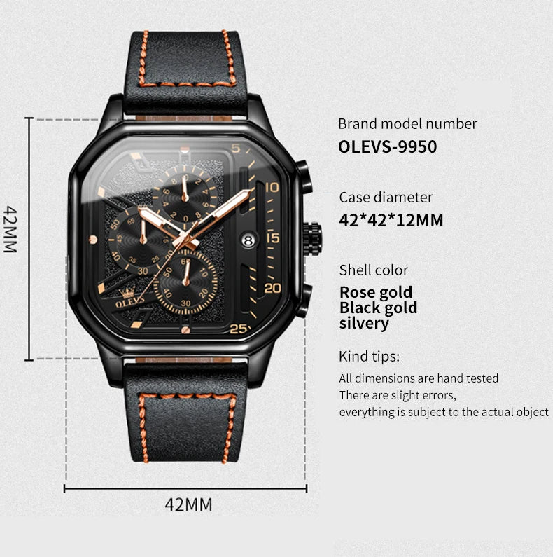 OLEVS Business Casual Fashion Watch Quadratische Quarzuhr Leder Datum Uhren für Herren Wasserdicht Leuchtend Herrenuhren 9950