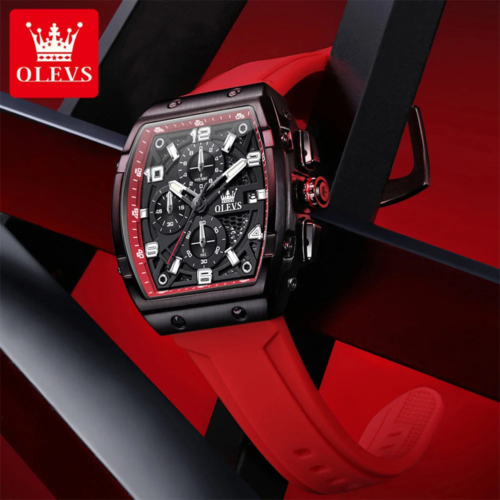 OLEVS 2976 Herrenuhr Chronograph Datum Quarzuhr für Herren Ziffernskala Tonneau Großes Zifferblatt Wasserdichtes Silikonarmband Armbanduhr