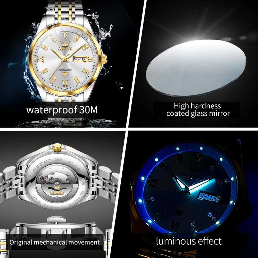 OLEVS 9801 Herrenuhr Wasserdicht Dual Kalender Luxus Mechanische Uhr Für Männer Diamant Zifferblatt Edelstahl Automatische Armbanduhr