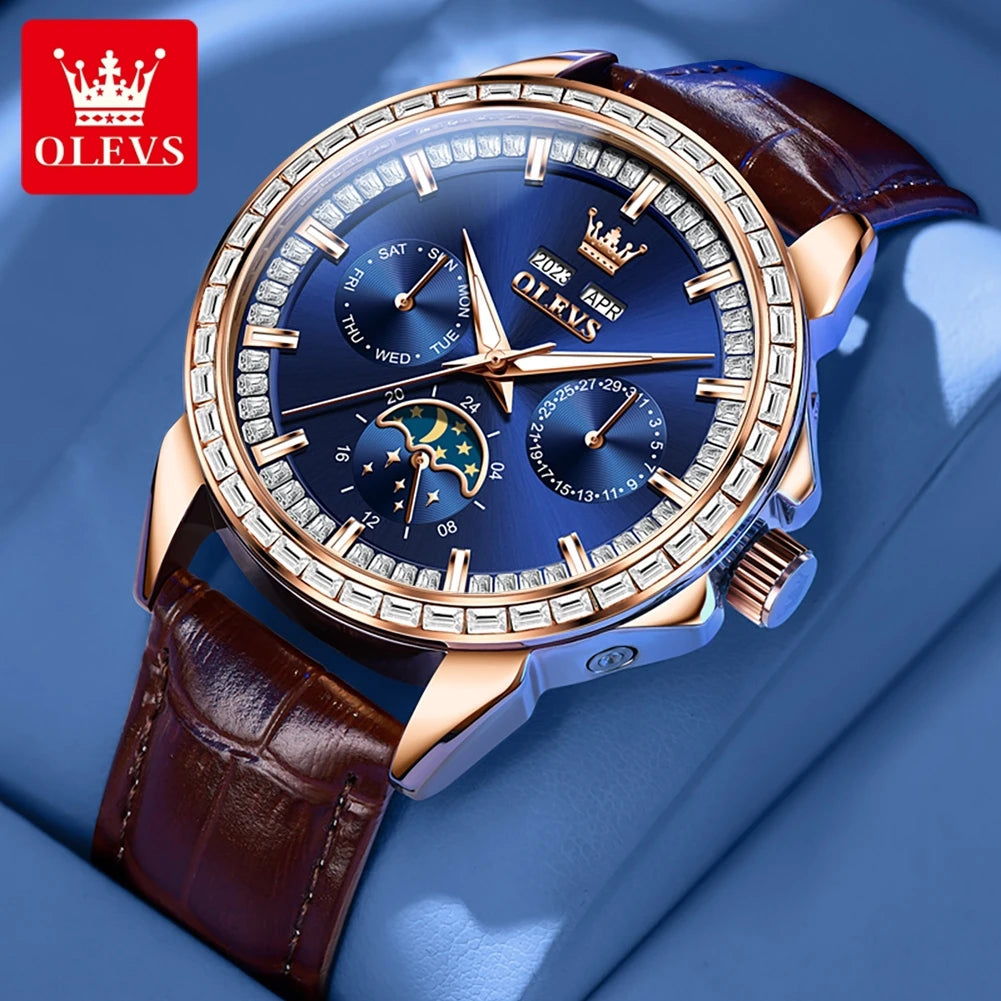 OLEVS 6695 Luxus-Geschäftsuhren für Herren, Mondphasen-Automatikuhr, wasserdichte Herrenarmbanduhr, Geschenkbox, Uhr