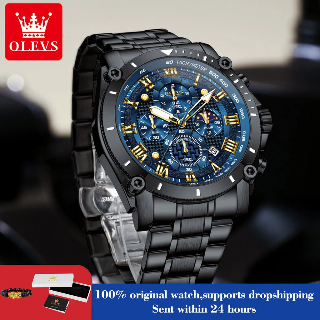 OLEVS 3689 Quarzuhr Herren Mode Original 47mm Großes Zifferblatt Römische Skala Mondphase Uhr Für Herren Kalender Wasserdicht Armbanduhr