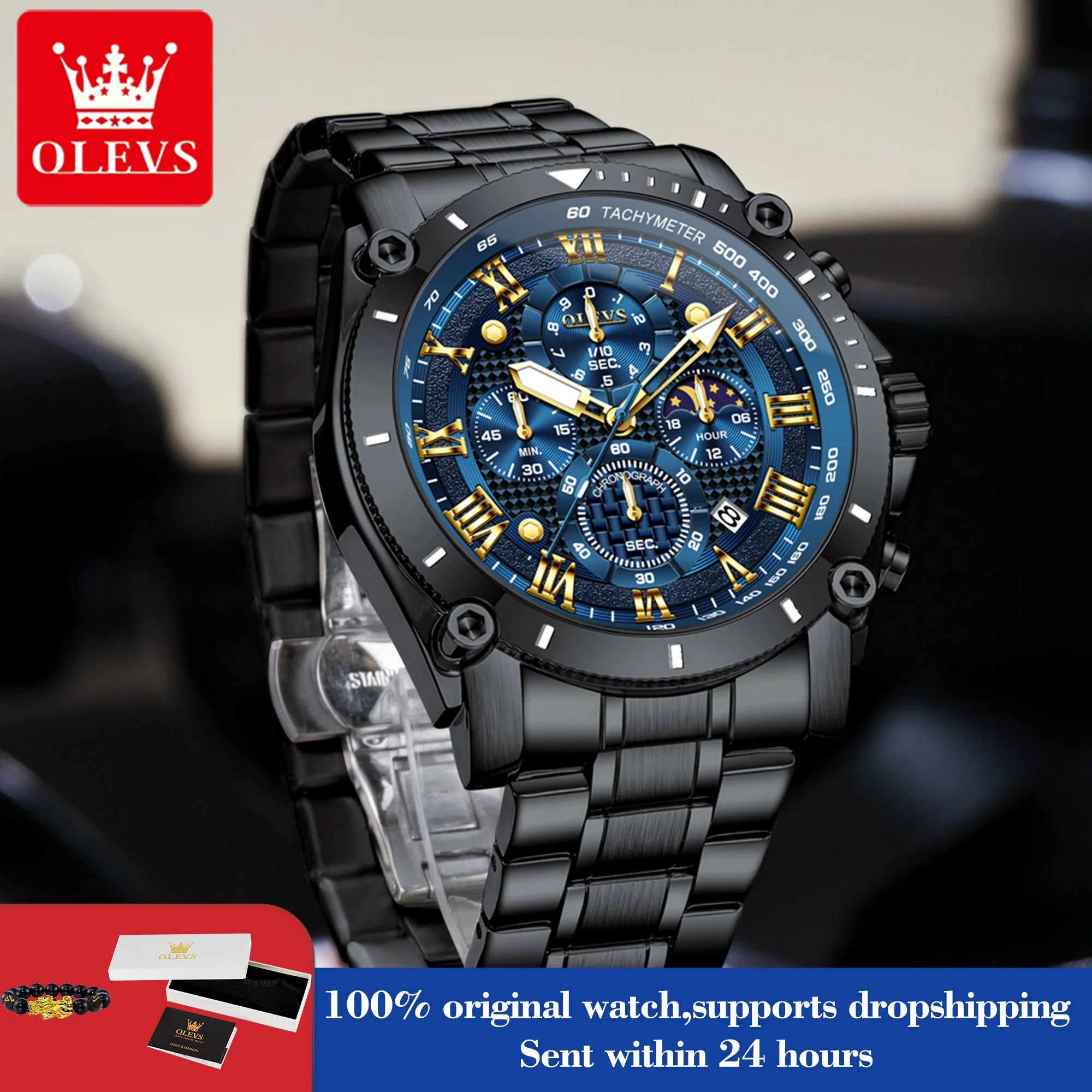 OLEVS 3689 Quartz Men Watch Fashion Original 47mm Big Dial Roman Scale Moon Phase Watch For Men Calendar Waterproof Hand Clock