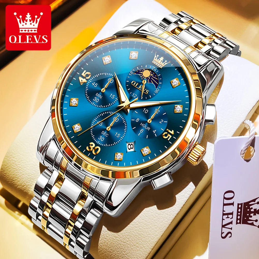 OLEVS 3652 Man Watch Number Scale Quartz Watch For Men Chronograph Moon Phase Date Luxury Waterproof Luminous Male Hand Clock