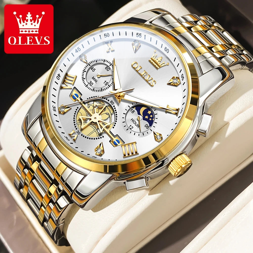 OLEVS 42mm Herrenuhr mit großem Zifferblatt, Mondphase, 24-Stunden-Anzeige, wasserdichte Quarz-Herrenarmbanduhr, Original Luxus Armbanduhr 2856