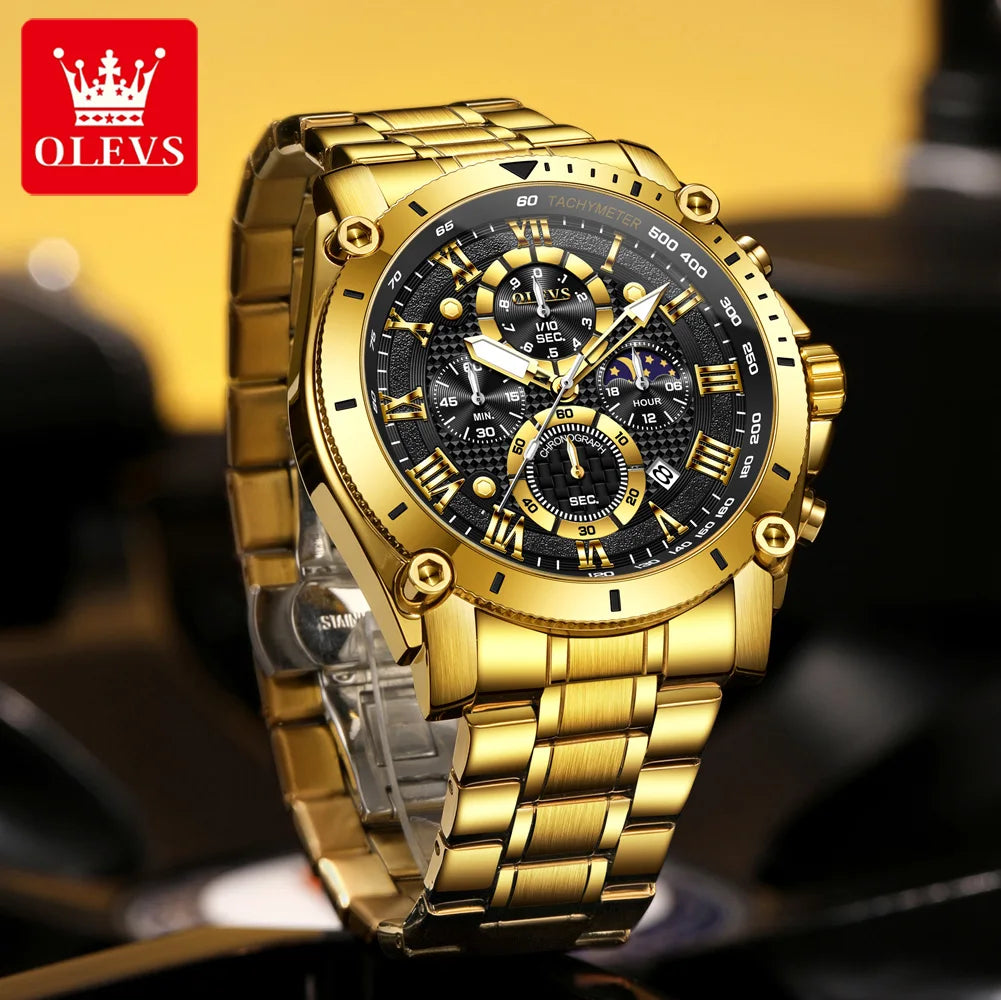 OLEVS 3689 Quartz Men Watch Fashion Original 47mm Big Dial Roman Scale Moon Phase Watch For Men Calendar Waterproof Hand Clock