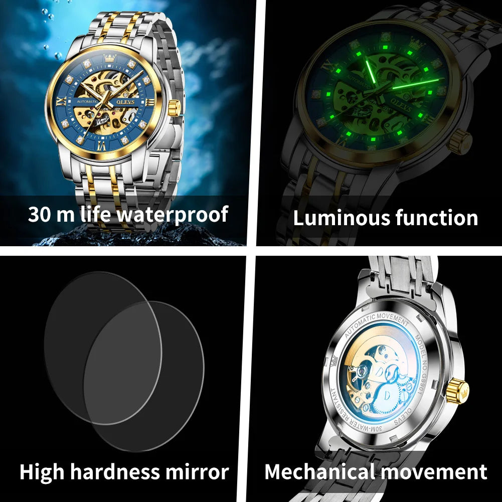 OLEVS 9901 Herrenuhr Skelett Mechanische Uhren für Herren Wasserdicht Leuchtend Herrenanzuguhr Original Luxusmarke