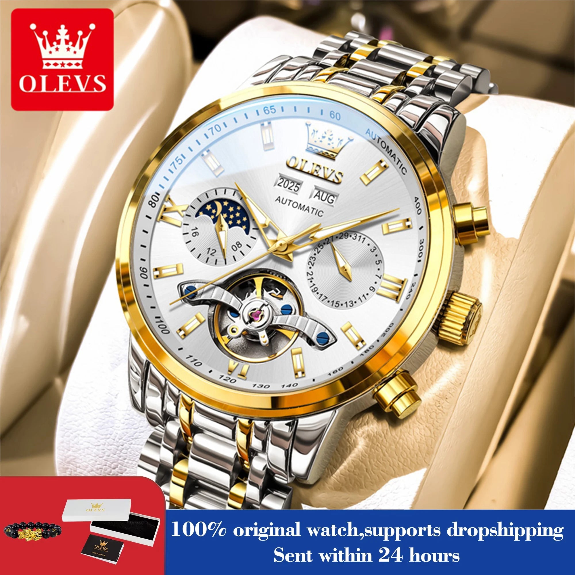 OLEVS 6740 Uhren für Herren, original luxuriöse Automatikuhren mit Schwungrad, Mondphase, wasserdicht, leuchtende Geschenke