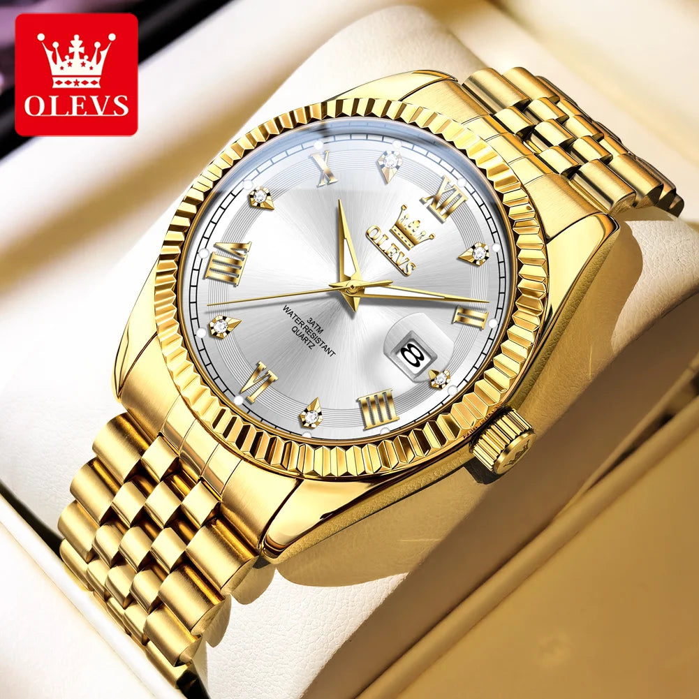 OLEVS Luxus Gold Quarzuhren für Herren Original Chronograph Datum Edelstahl Wasserdicht Leuchtend Top Marke Herrenuhr 5680