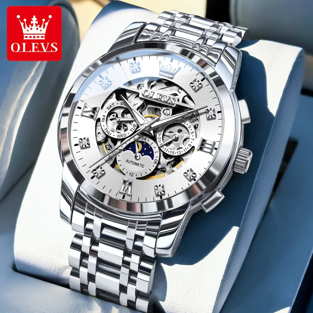 OLEVS 6721 Herrenuhr Mondphase Original Mechanische Herrenuhr Hohl Skeleton Automatisches Datum Wasserdichtes Diamant-Zifferblatt Zeigeruhr