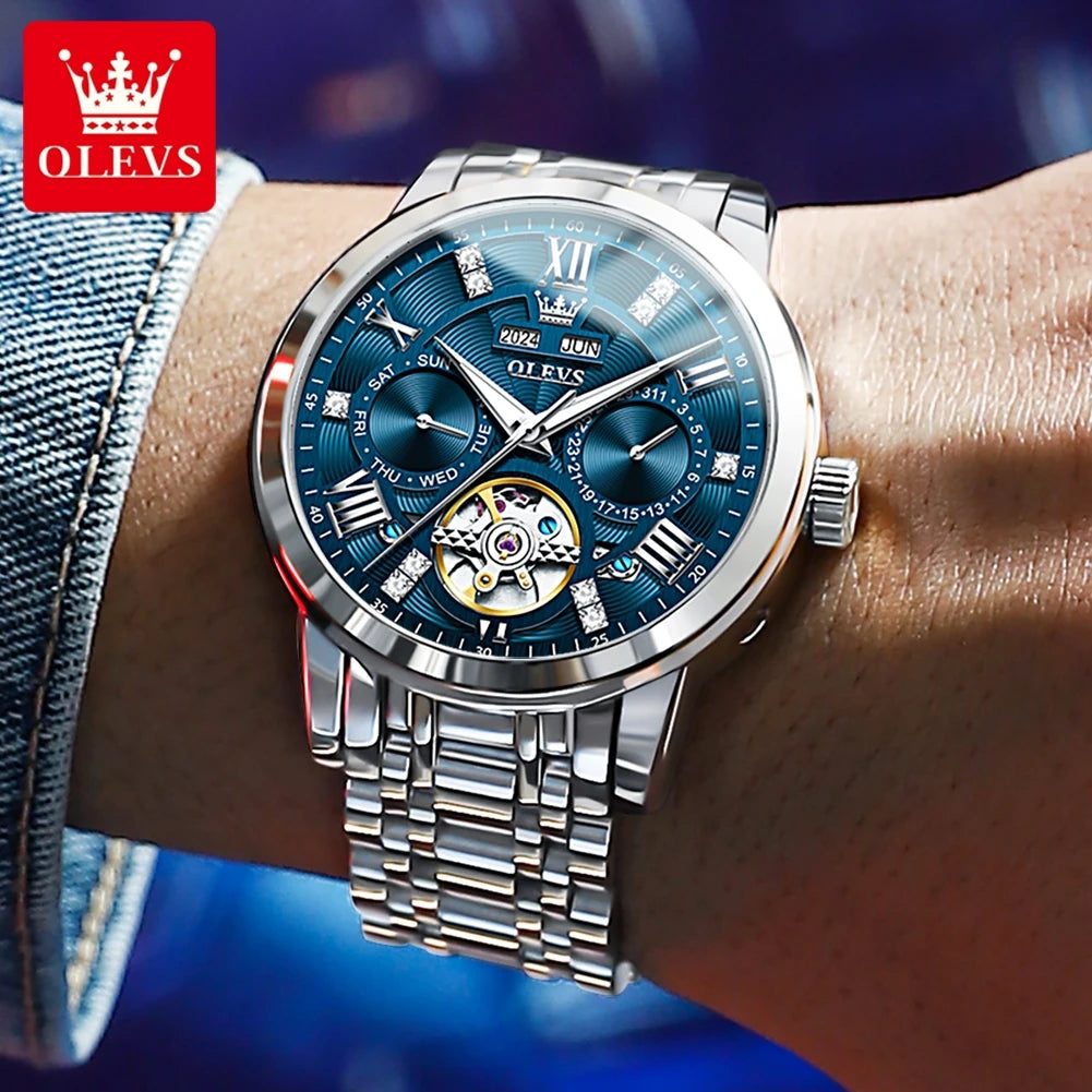OLEVS 6701 Herrenuhren Top Marke Original Automatische Datumsanzeige Mechanische Uhr für Herren Hohl Wasserdicht Edelstahl Männliche Armbanduhr