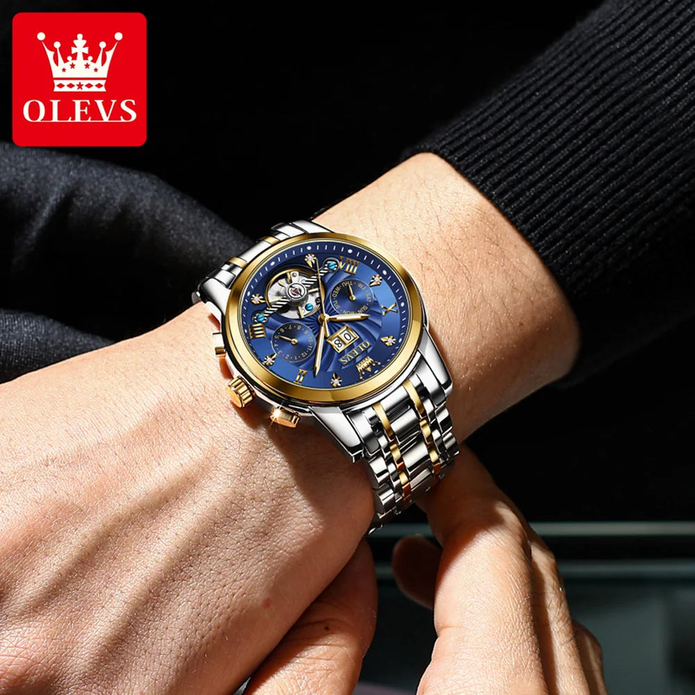 OLEVS 9910 Automatikuhr für Herren, mechanische Herrenarmbanduhr, luxuriöse Skelettuhr aus Edelstahl, wasserdicht, Original Herrenuhr