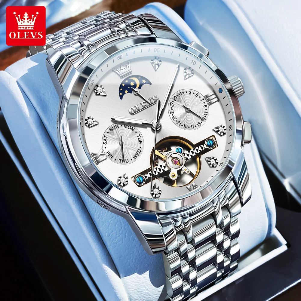 OLEVS Herrenuhren Business Mondphase Luxus Automatische Mechanische Uhr Für Herren Wasserdicht Edelstahl Woche Datum Uhr 6678