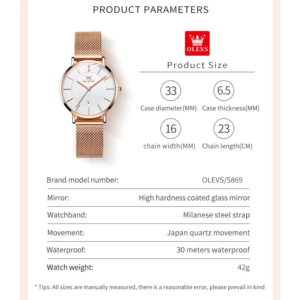 OLEVS Uhr für Damen Japanisches Quarzwerk 6,5 mm Gehäusedicke Wasserdicht Damen Handuhr Kalender Mode-Kleid-Armbanduhr