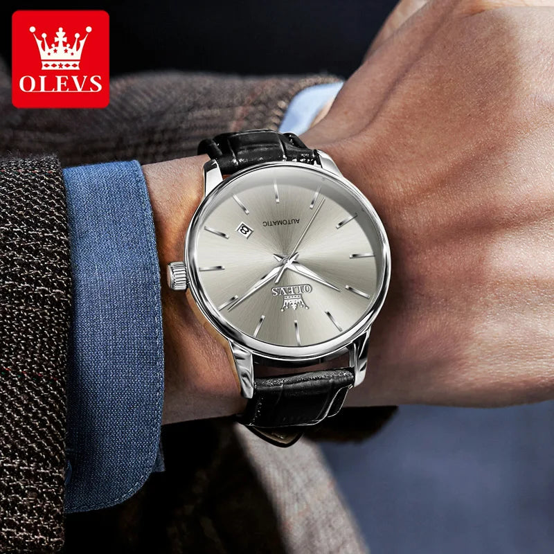 OLEVS 6725 Herren Automatikuhr Klassische Einfache Mechanische Uhr Für Männer Automatisches Datum Original Wasserdichtes Leder Herrenarmbanduhr