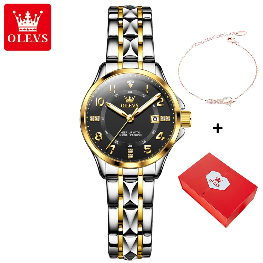 OLEVS 2910 Quarzuhr für Damen Edelstahl Wasserdicht Kalender Luxus Damenuhr Zifferblatt mit Nummernskala Damenuhren