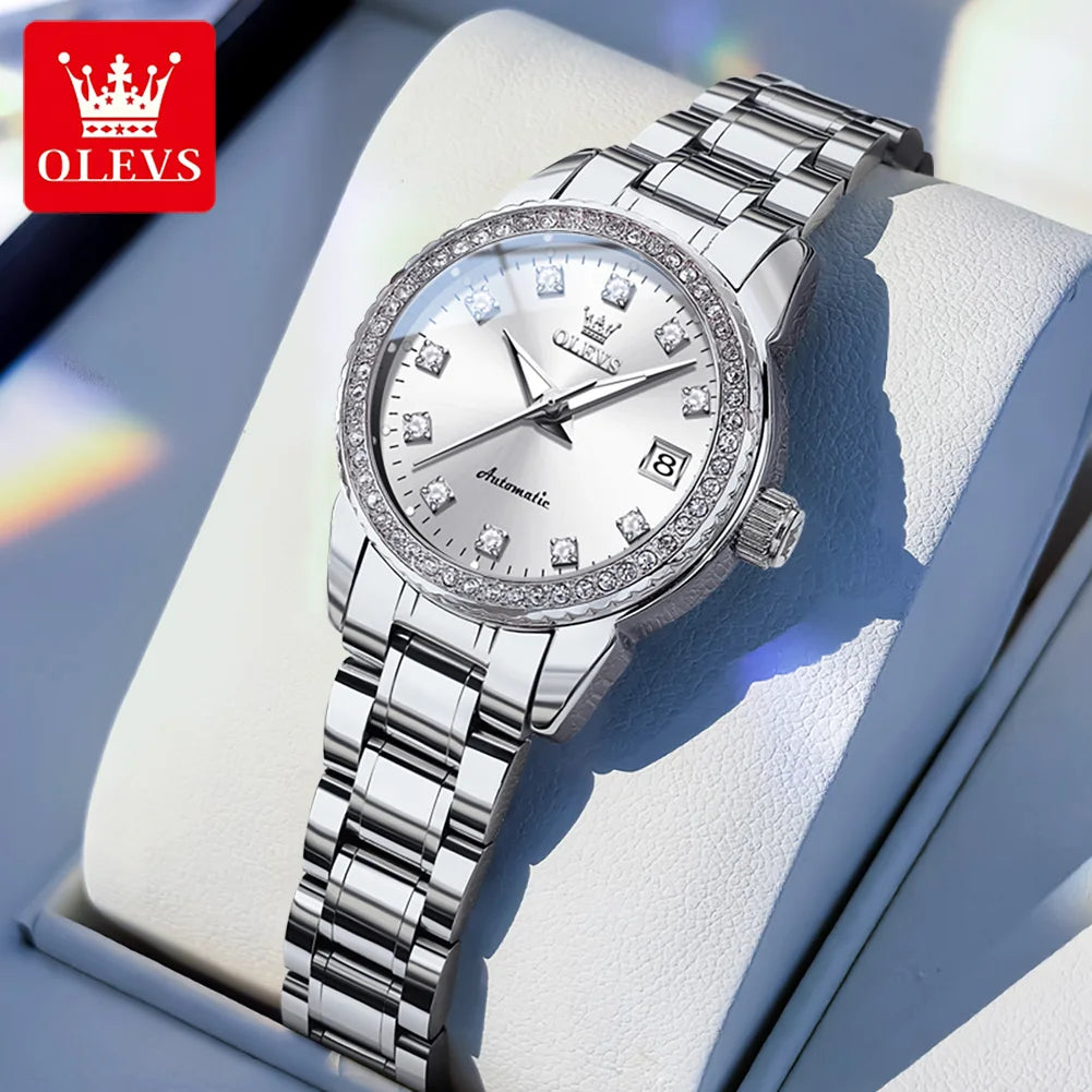 OLEVS 7003 Damen Automatikuhr Diamant-Skala Mechanische Uhr für Damen Stahlarmband Luxus Datum Damenuhr Wasserdicht