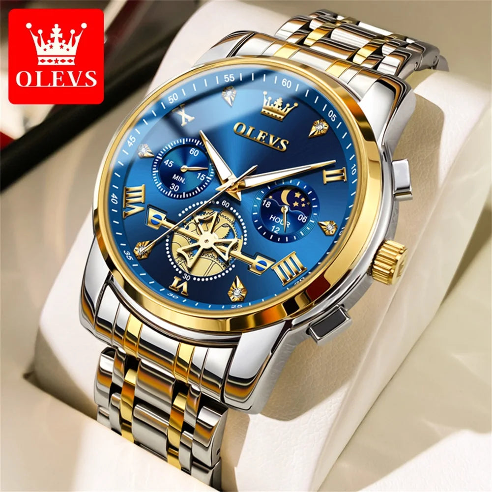 OLEVS 42mm Herrenuhr mit großem Zifferblatt, Mondphase, 24-Stunden-Anzeige, wasserdichte Quarz-Herrenarmbanduhr, Original Luxus Armbanduhr 2856