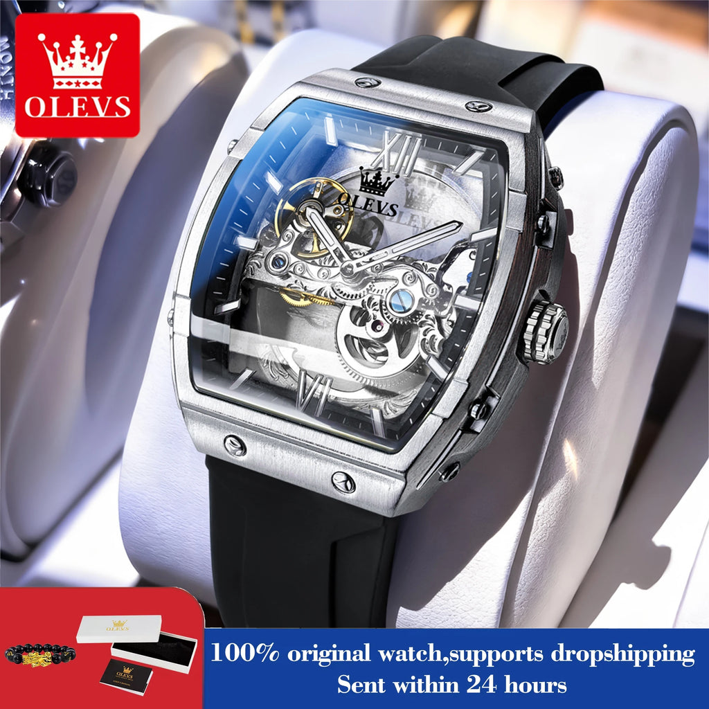 OLEVS 6779 Herrenuhr Skelett Luxus Tonneau Mechanische Uhren für Männer Wasserdichtes Silikonarmband Automatische Handaufzugsuhr Geschenkbox