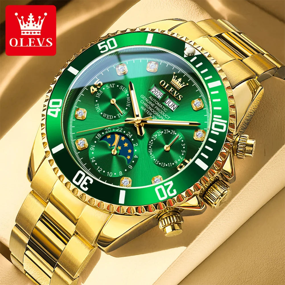 OLEVS 6729 Herren Automatikuhr Luxus Business Mondphase Mechanische Uhr für Herren 30M Wasserdicht Kalender Original Handuhr
