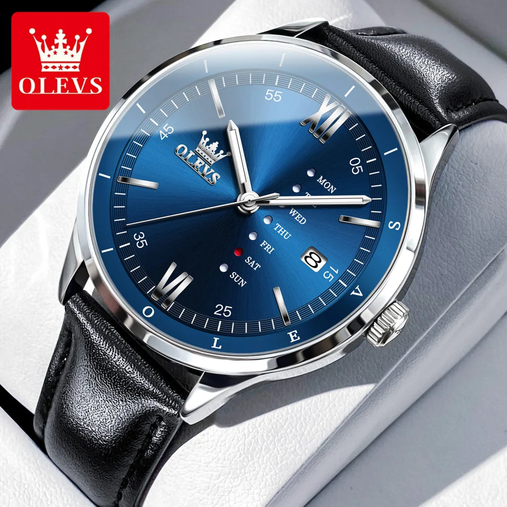 OLEVS Herrenuhren Schlichte Quarz-Kleid-Wochen-Datumsanzeige Für Herren Wasserdicht Leuchtendes Leder Business-Herrenuhr 2931