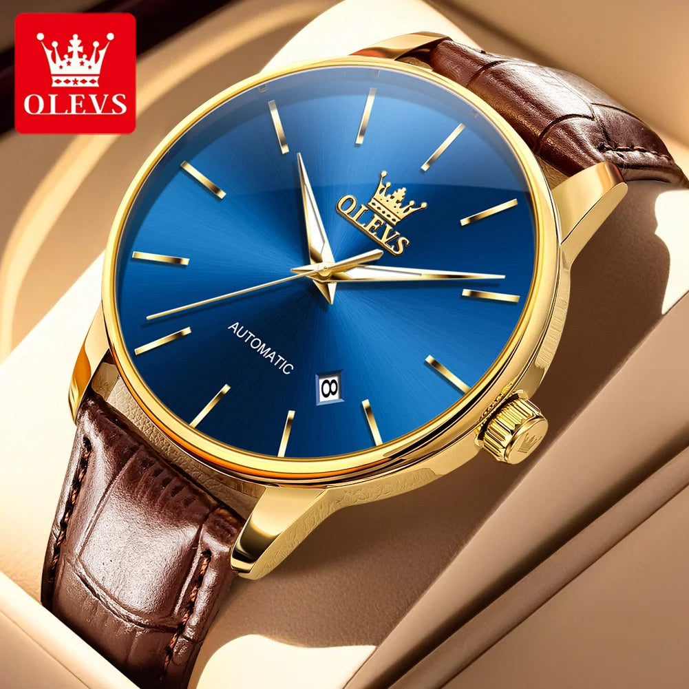 OLEVS 6725 Herren Automatikuhr Klassische Einfache Mechanische Uhr Für Männer Automatisches Datum Original Wasserdichtes Leder Herrenarmbanduhr