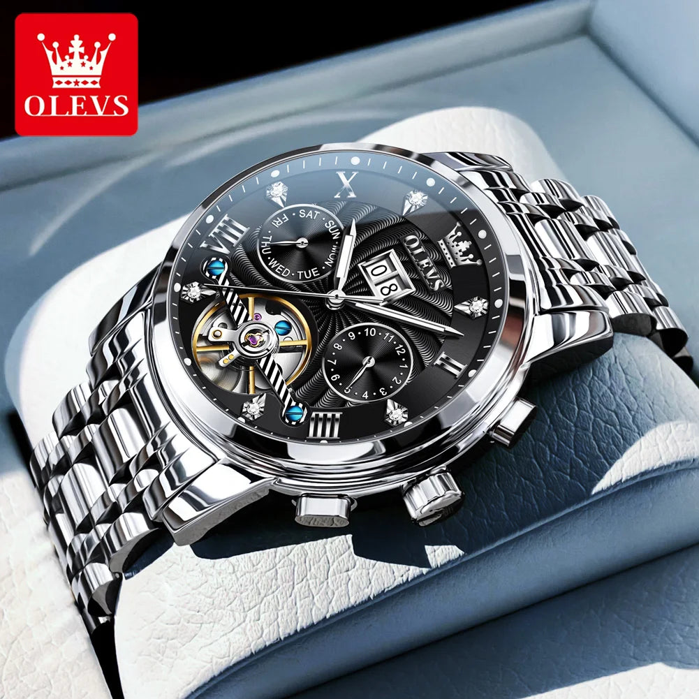 OLEVS 9910 Herrenuhr Luxus Business Mechanische Uhr für Herren Hohl Roman Skala Wasserdicht Leuchtender Kalender Herren-Armbanduhr