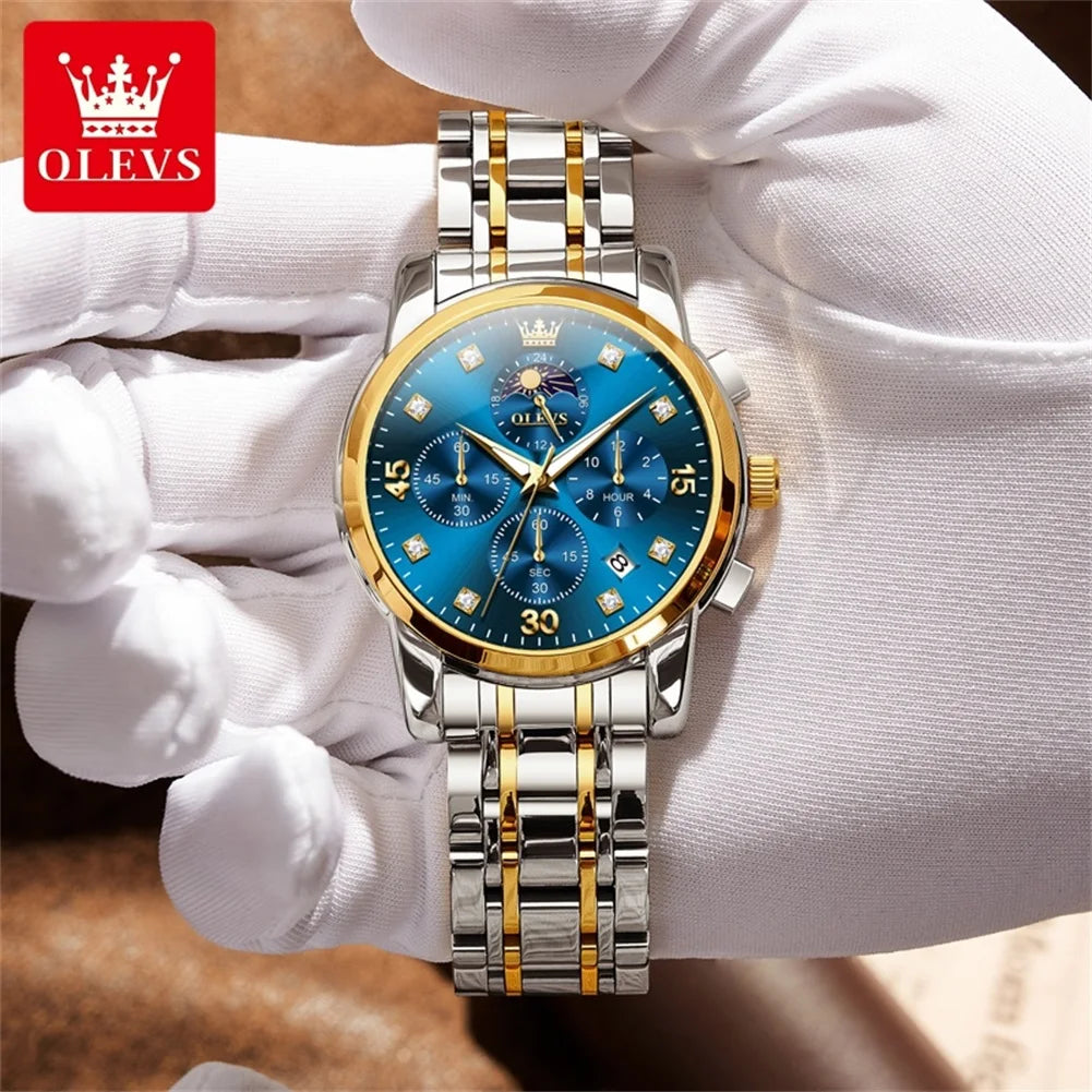 OLEVS 3652 Herrenuhr Ziffernskala Quarzuhr für Herren Chronograph Mondphase Datum Luxus Wasserdicht Leuchtende Herrenarmbanduhr