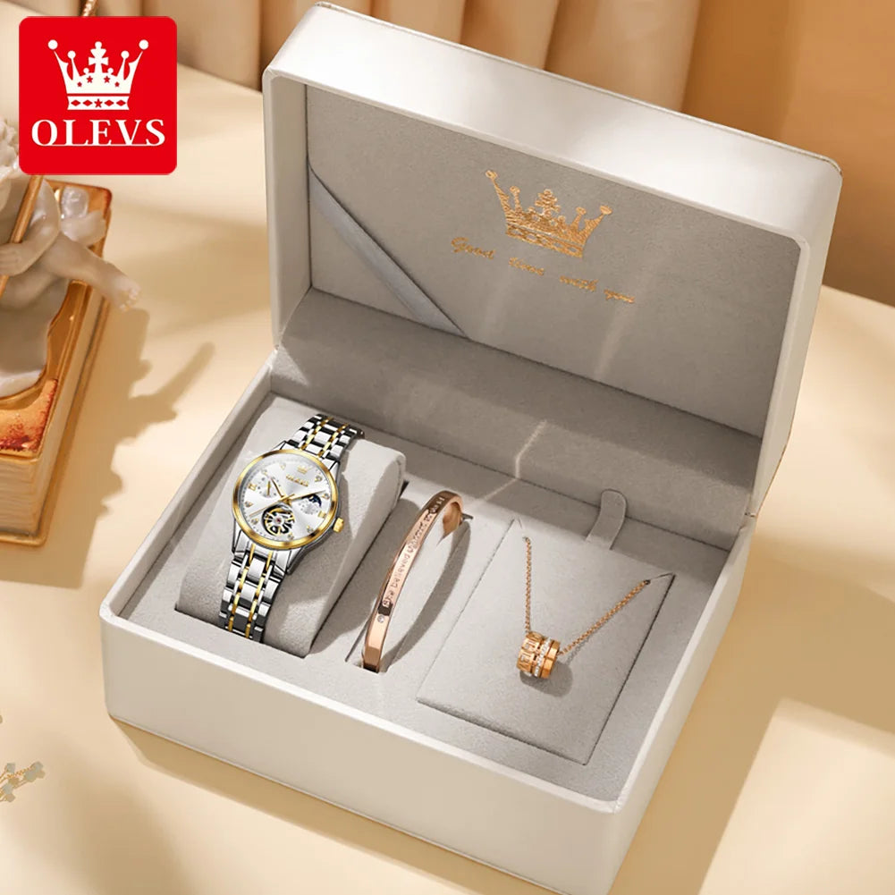 OLEVS Automatische mechanische Uhren für Damen, wasserdicht, leuchtend, Mondphase, Handuhr, Original Luxus Damenarmbanduhren 6608