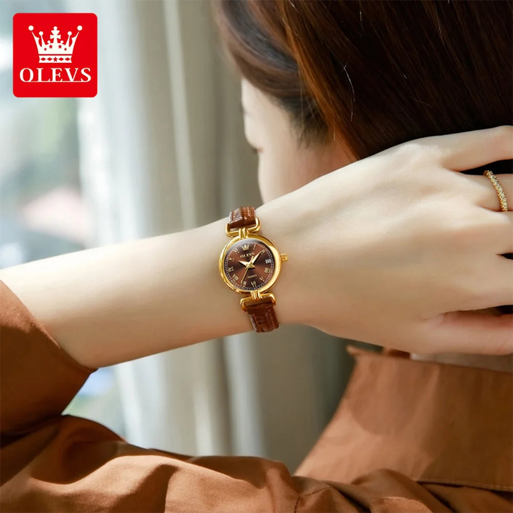 OLEVS 5645 Damenuhr Lederarmband Datum Quarzuhr für Damen Hochfeste Spiegelskala im römischen Stil Mode Damenuhr